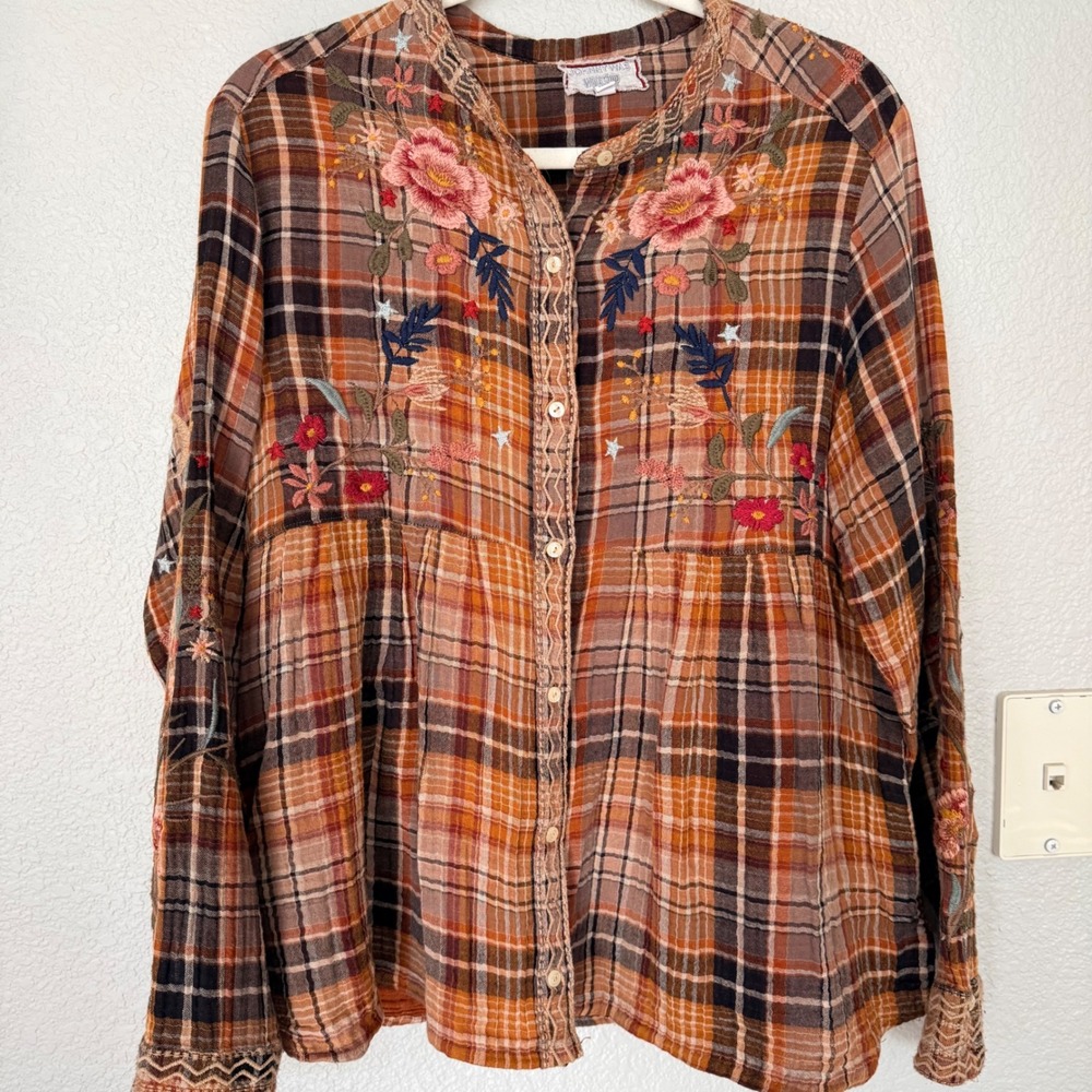 Johnny Was Workshop Womens Plaid Embroidered Floral Bird Button Down Blouse L